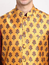 Men's Yellow Satin Silk Printed Nehru Jacket
