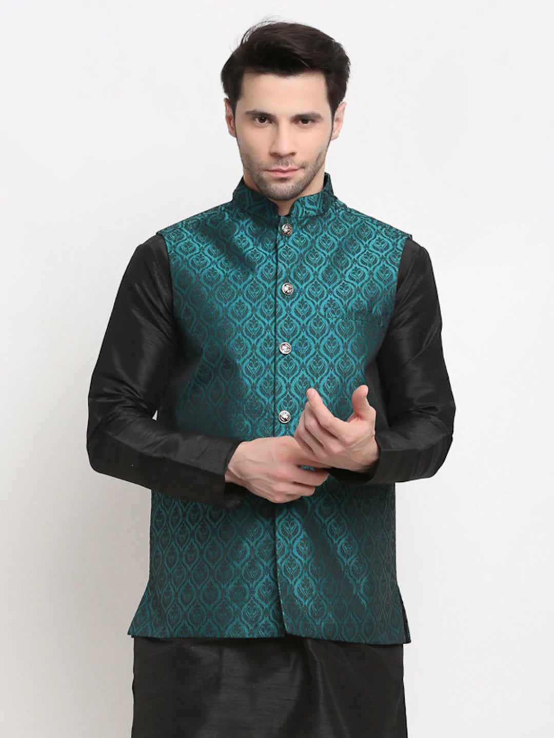 Men's green Silk Blend Woven Nehru Jacket