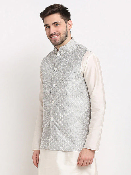 Men's Grey Silk Blend Embroidered Nehru Jacket