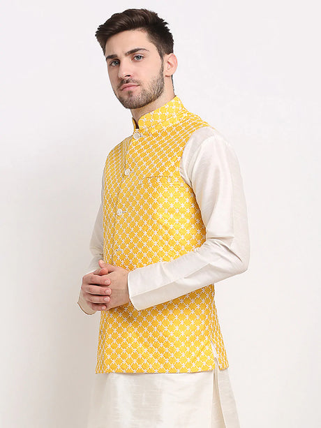 Men's Mustard Silk Blend Embroidered Nehru Jacket