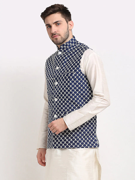 Men's Navy Blue Silk Blend Embroidered Nehru Jacket