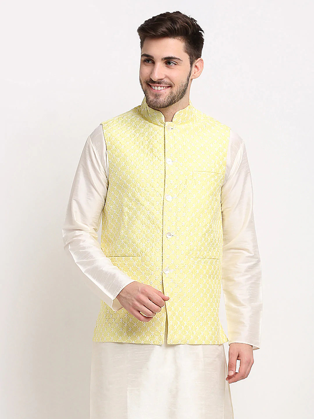 Men's Yellow Silk Blend Embroidered Nehru Jacket