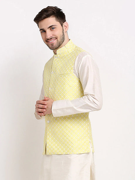 Men's Yellow Silk Blend Embroidered Nehru Jacket