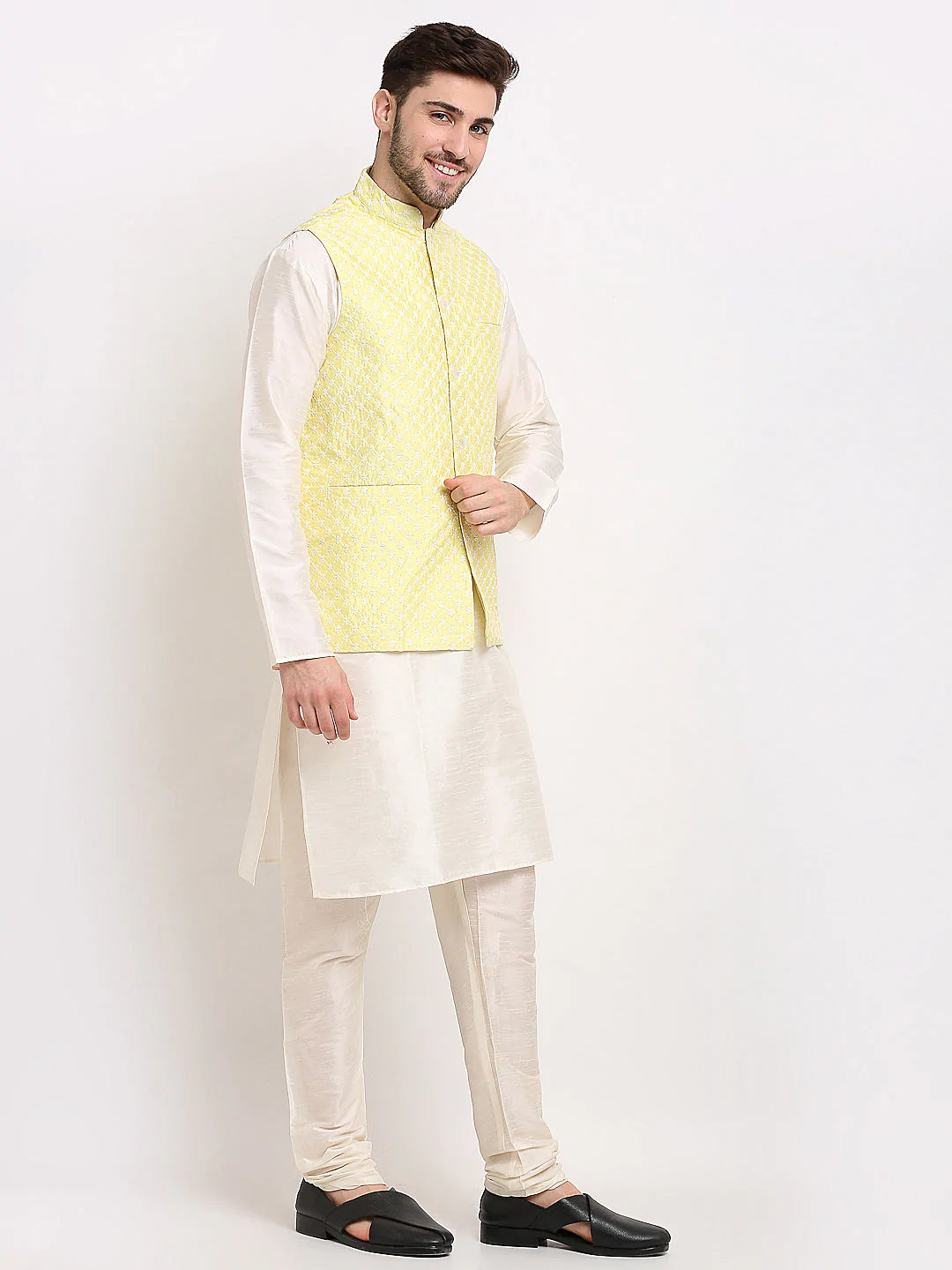 Men's Yellow Silk Blend Embroidered Nehru Jacket