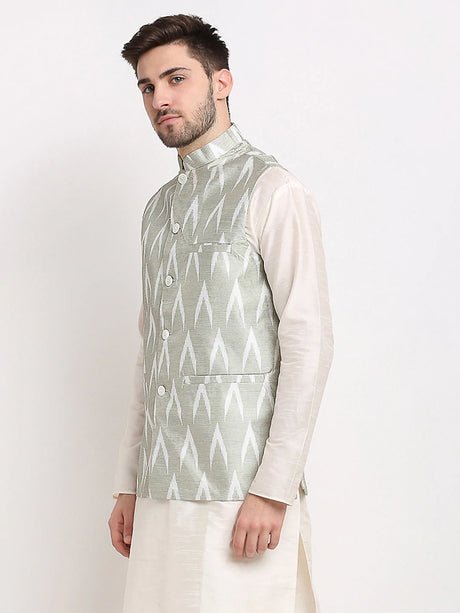 Men's Grey Silk Blend Printed Nehru Jacket