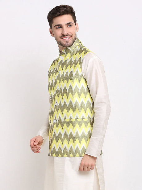 Men's Olive Silk Blend Printed Nehru Jacket