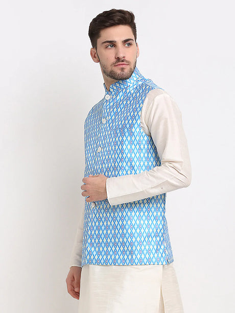 Men's Blue Silk Blend Printed Nehru Jacket
