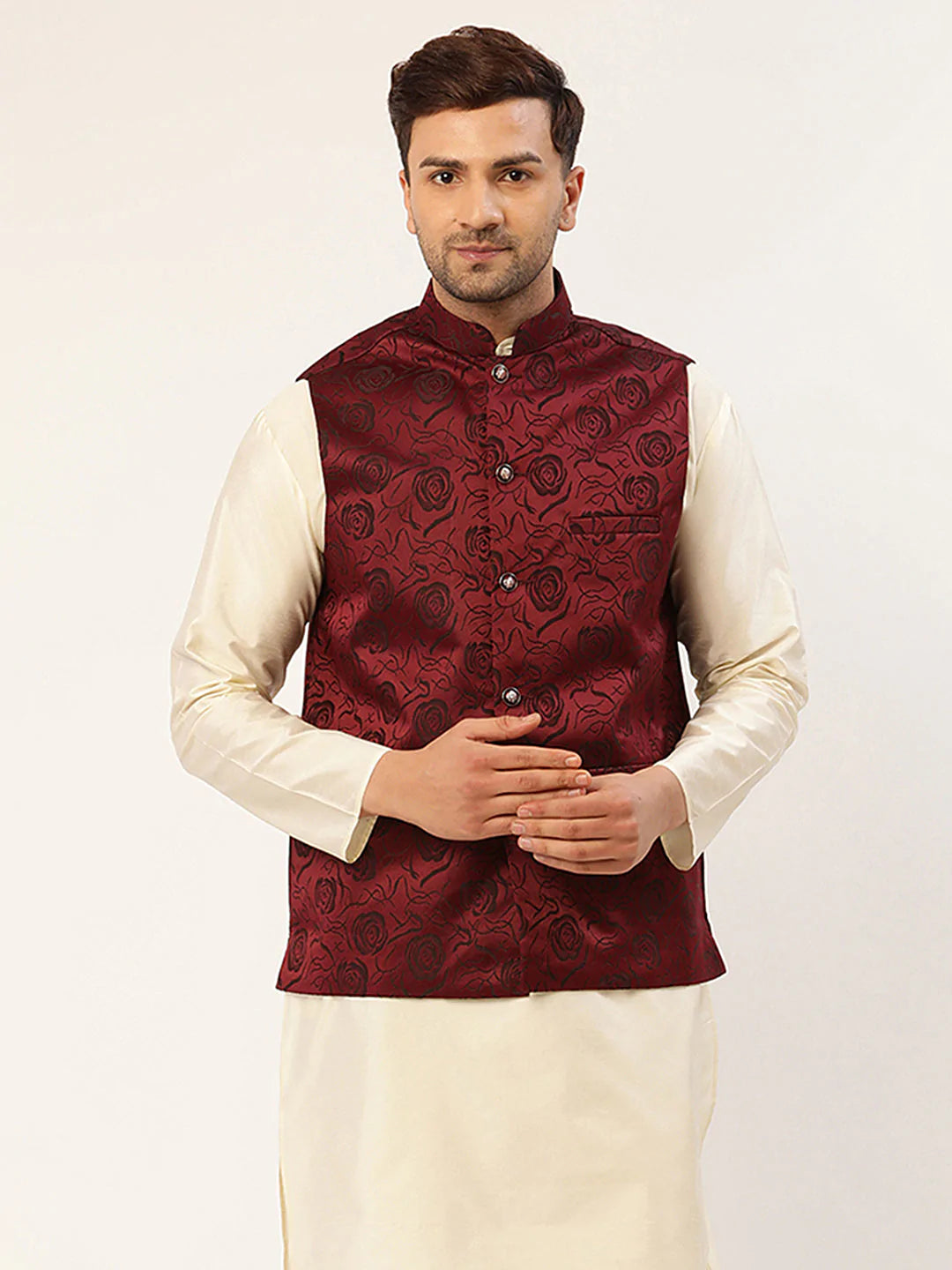 Men Golden Solid Kurta Pyjama with Maroon Woven Design Nehru Jacket –  Jompers