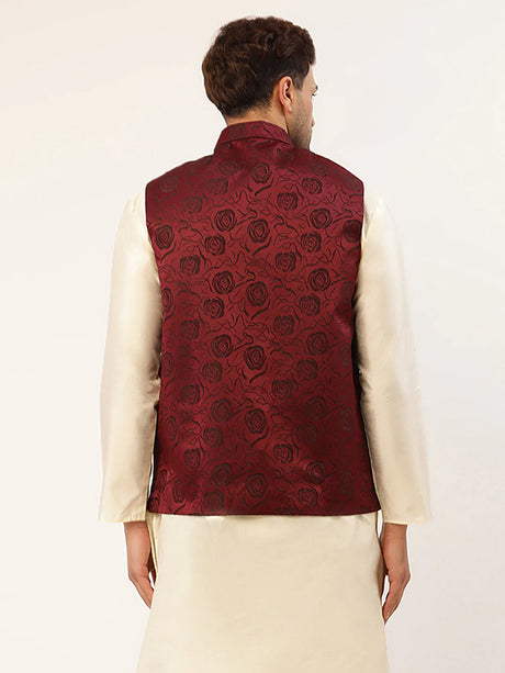 Men's Maroon Silk Embosed design Nehru Jacket