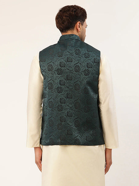 Men's Teal Silk Embosed design Nehru Jacket