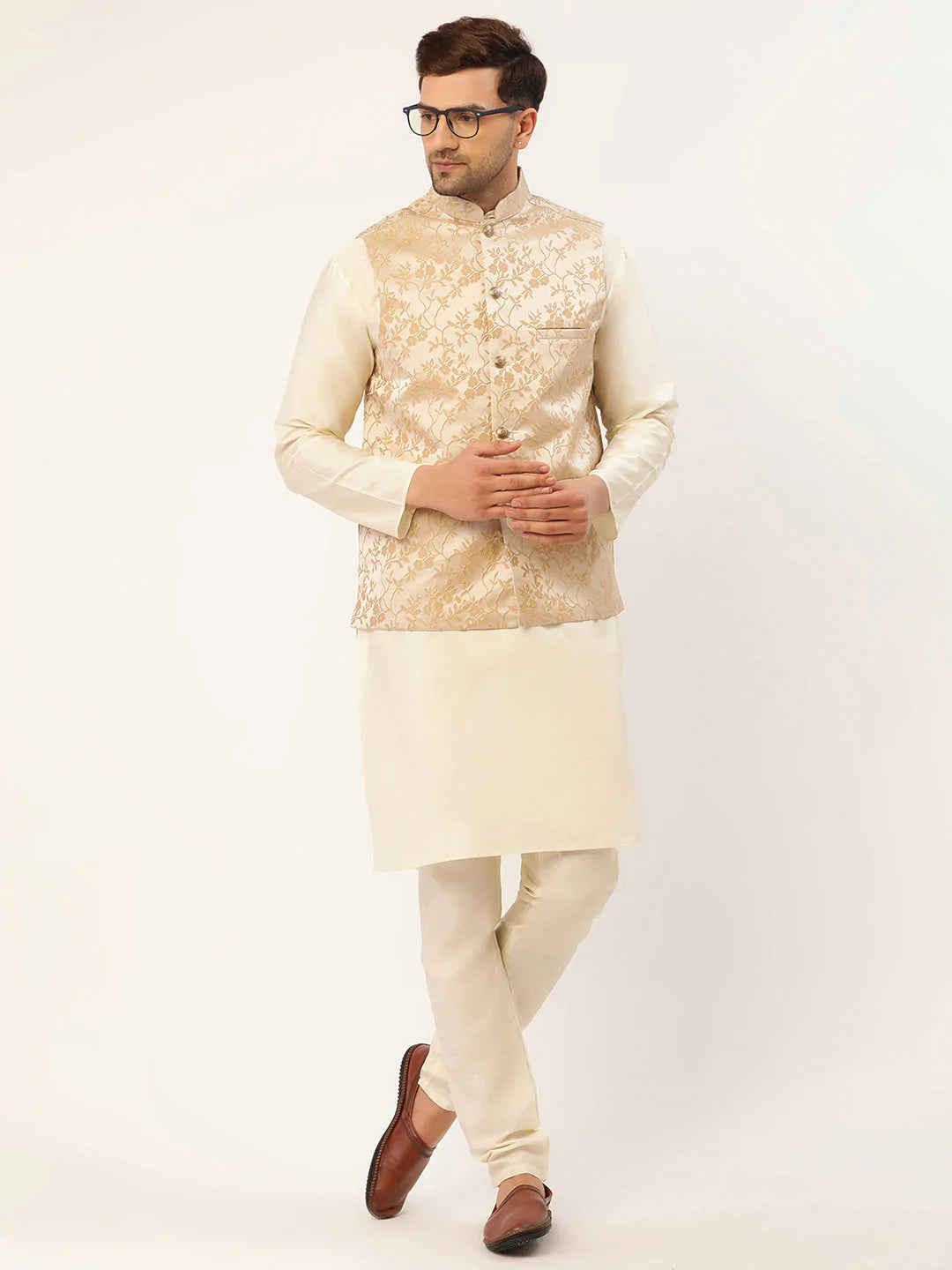 Men's Beige Silk Embosed design Nehru Jacket