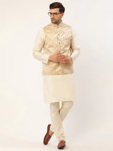 Men's Beige Silk Embosed design Nehru Jacket