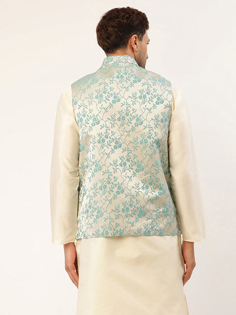 Men's Blue Silk Embosed design Nehru Jacket