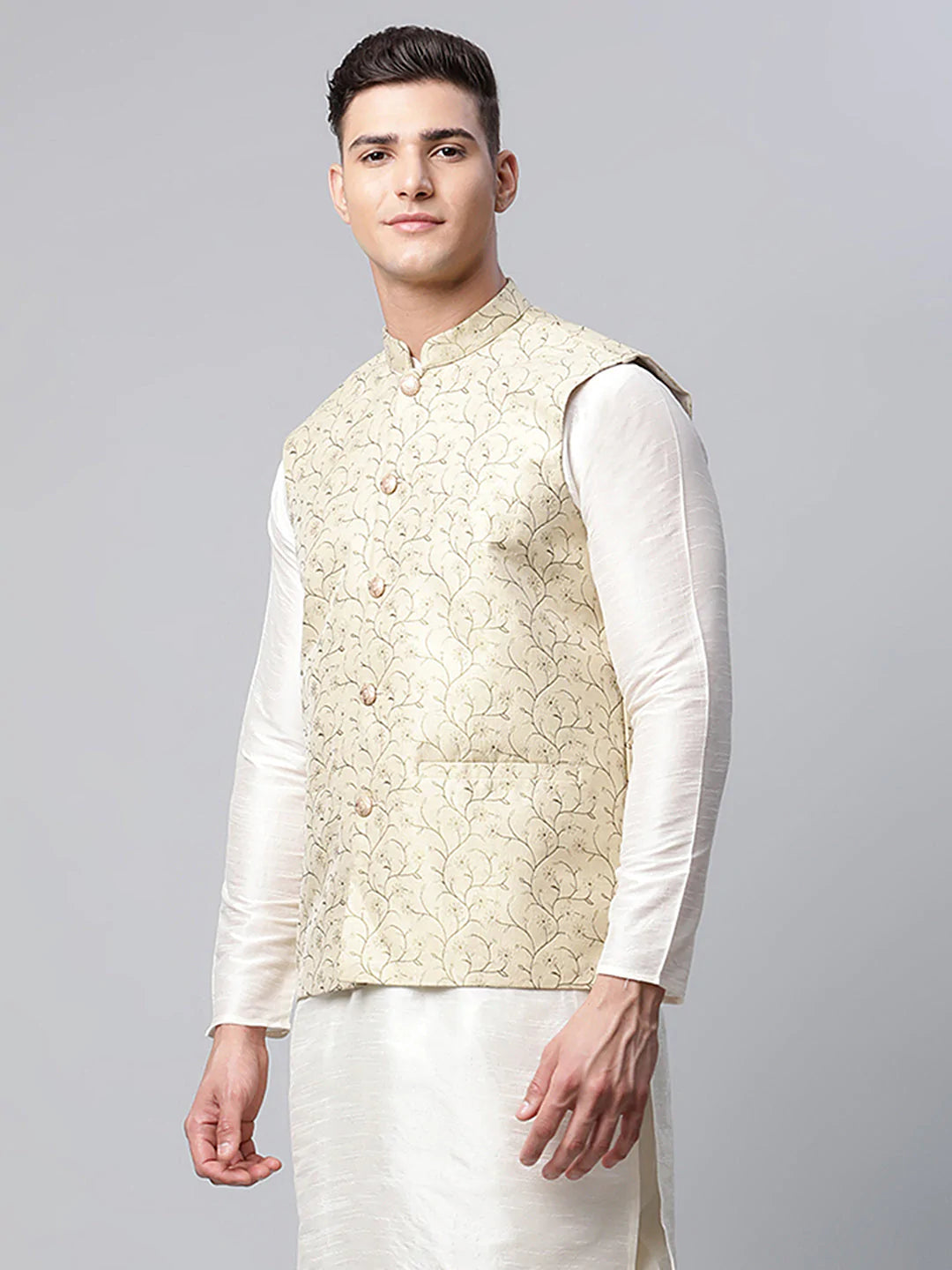 Men's Beige Jacquard Silk Woven Design Nehru Jacket