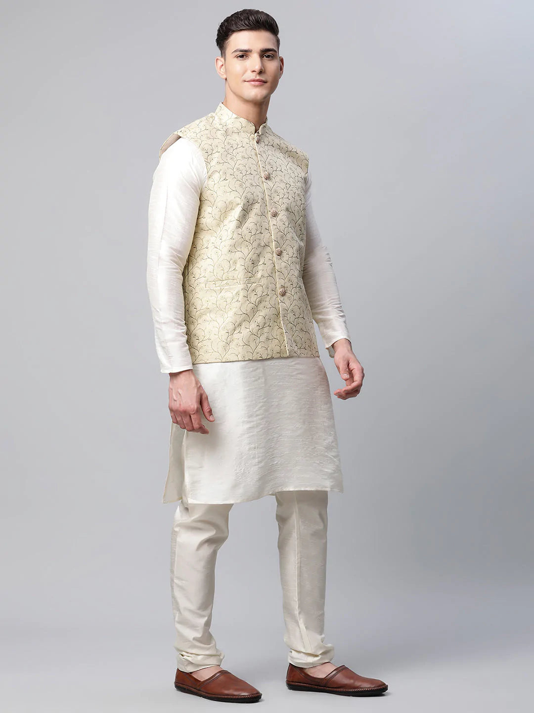 Men's Beige Jacquard Silk Woven Design Nehru Jacket