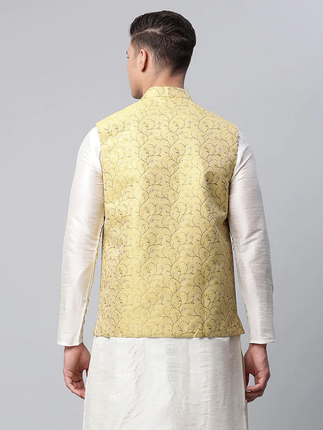 Men's Lemon Jacquard Silk Woven Design Nehru Jacket