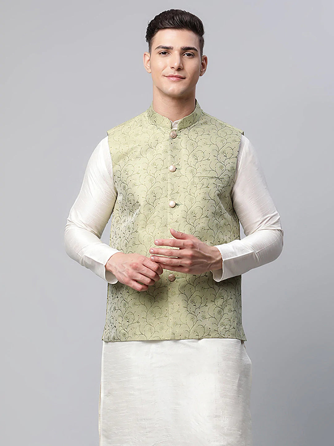 Buy Men's Pista Jacquard Silk Woven Design Nehru Jacket Online