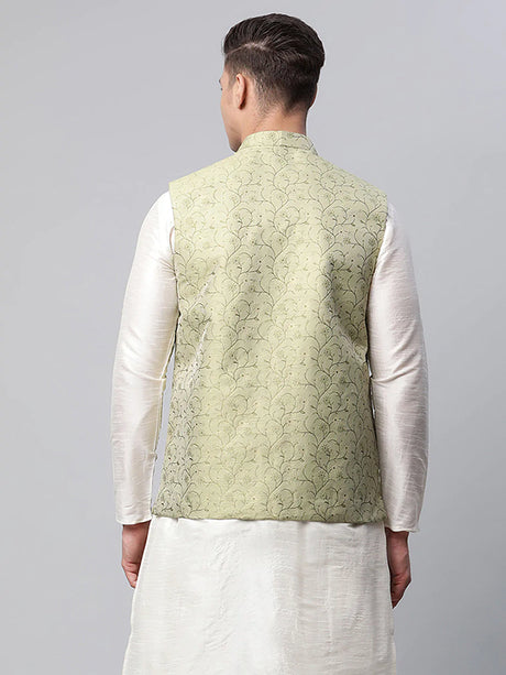 Men's Pista Jacquard Silk Woven Design Nehru Jacket