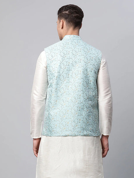 Men's Blue Jacquard Silk Woven Design Nehru Jacket