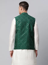 Men's green Dupion Silk Mirror Work Nehru Jacket