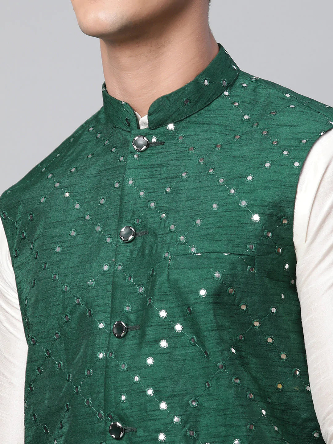 Men's green Dupion Silk Mirror Work Nehru Jacket