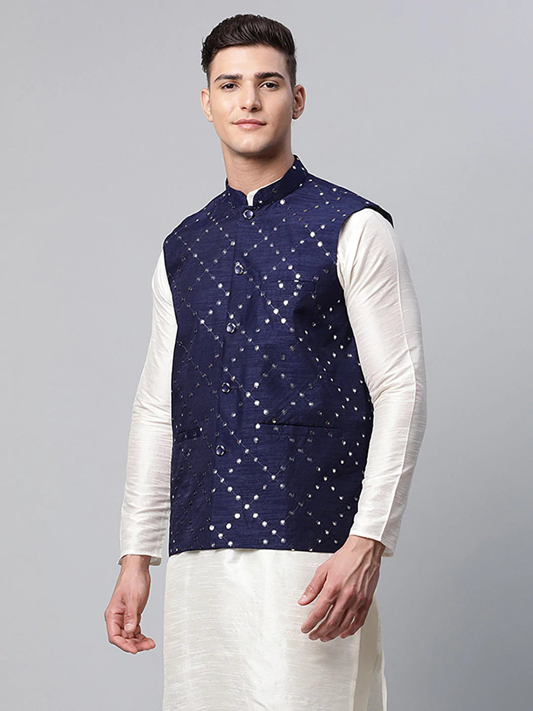 Men's Navy Blue Dupion Silk Mirror Work Nehru Jacket