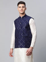 Men's Navy Blue Dupion Silk Mirror Work Nehru Jacket
