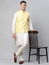 Men's Yellow Dupion Silk Mirror Work Nehru Jacket
