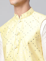 Men's Yellow Dupion Silk Mirror Work Nehru Jacket