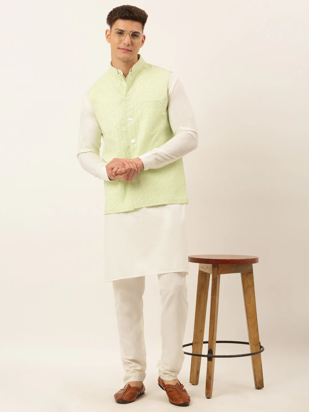 Men's green Cotton Chikankari Nehru Jacket