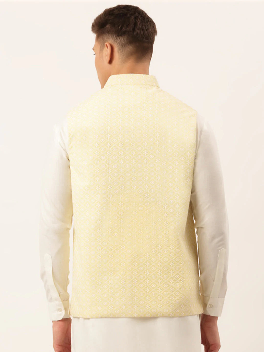 Men's Lemon Cotton Chikankari Nehru Jacket
