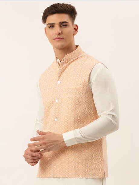 Men's Orange Cotton Chikankari Nehru Jacket