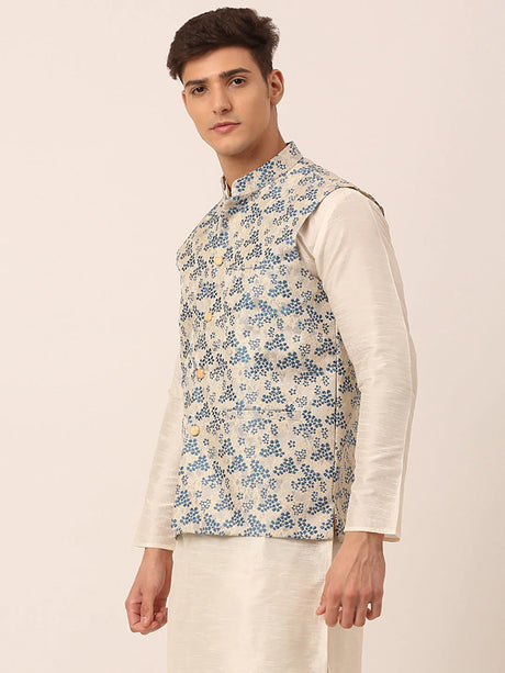 Men's Blue Silk Embosed Design Nehru Jacket