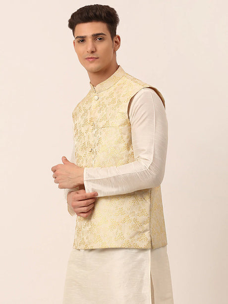 Men's Gold Silk Embosed Design Nehru Jacket