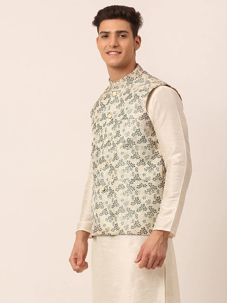 Men's Grey Silk Embosed Design Nehru Jacket