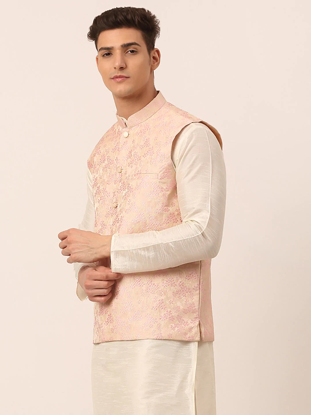 Men's Pink Silk Embosed Design Nehru Jacket
