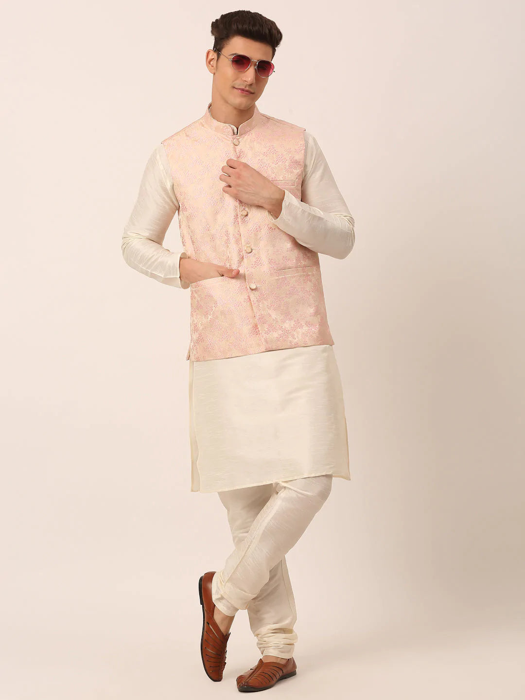 Men's Pink Silk Embosed Design Nehru Jacket