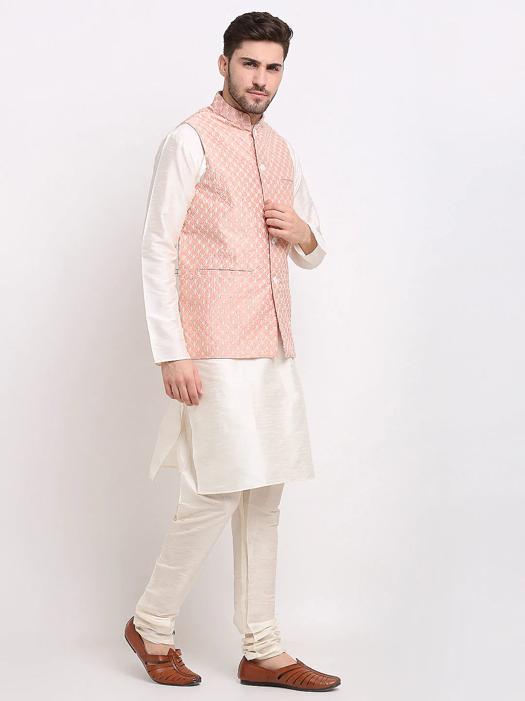 Men's Peach Silk Blend Embroidered Nehru Jacket
