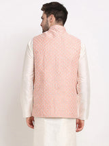 Men's Peach Silk Blend Embroidered Nehru Jacket
