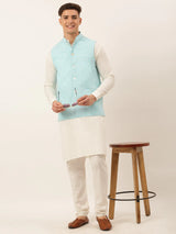 Men's Blue Cotton Chikankari Nehru Jacket
