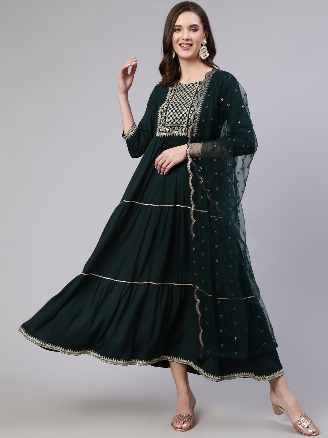 Green  Viscose Rayon Embroidered Dresses