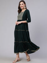 Green  Viscose Rayon Embroidered Dresses