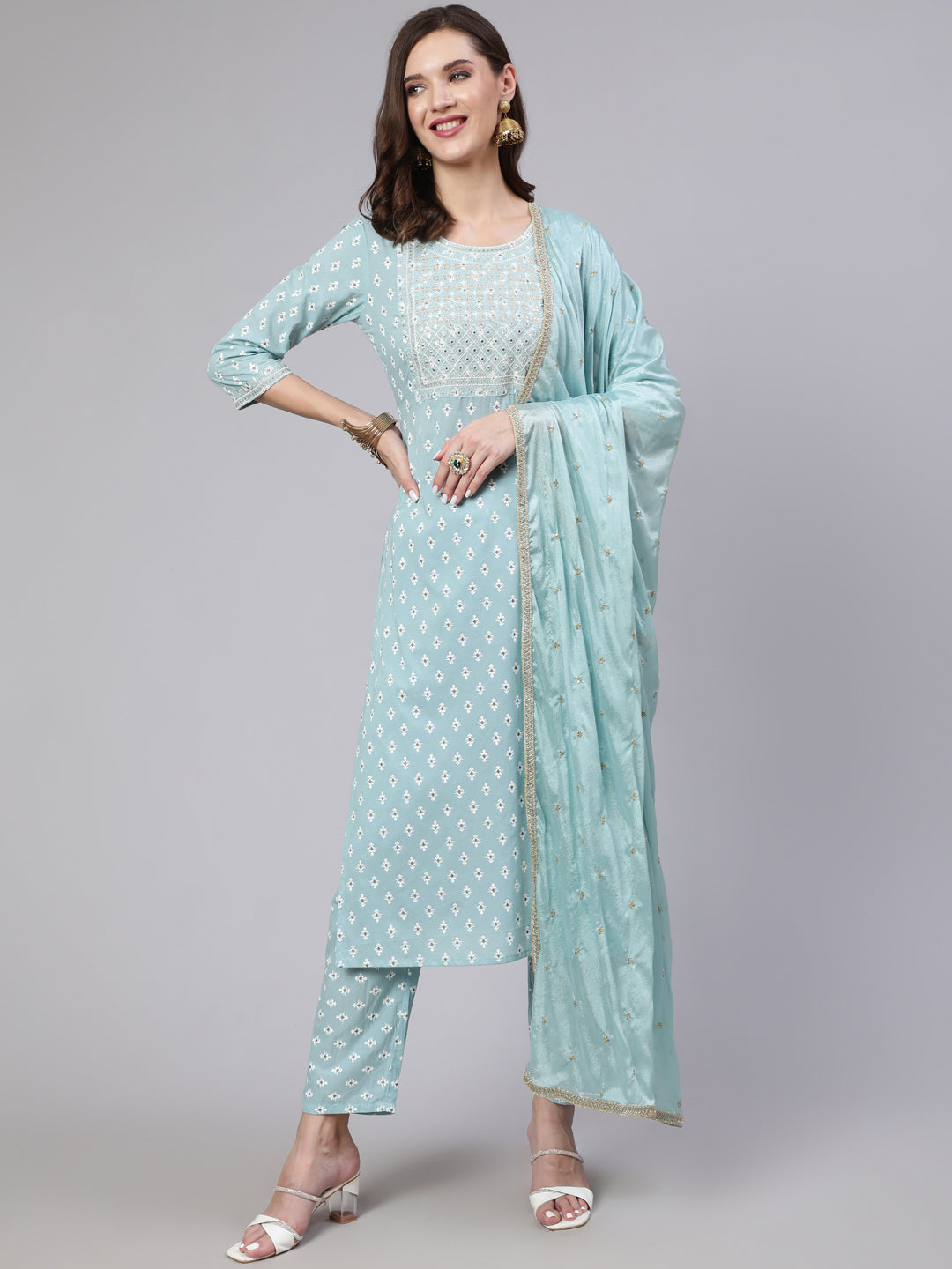 Blue  Pure Cotton Embroidered Kurta Sets