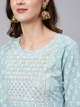 Blue  Pure Cotton Embroidered Kurta Sets