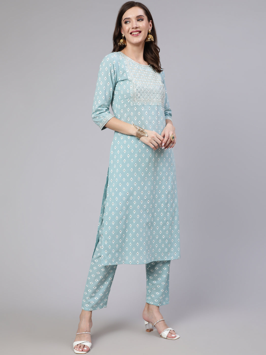 Blue  Pure Cotton Embroidered Kurta Sets