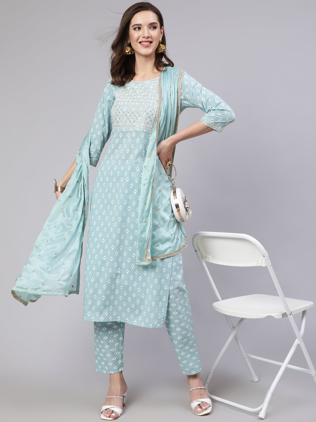 Blue  Pure Cotton Embroidered Kurta Sets