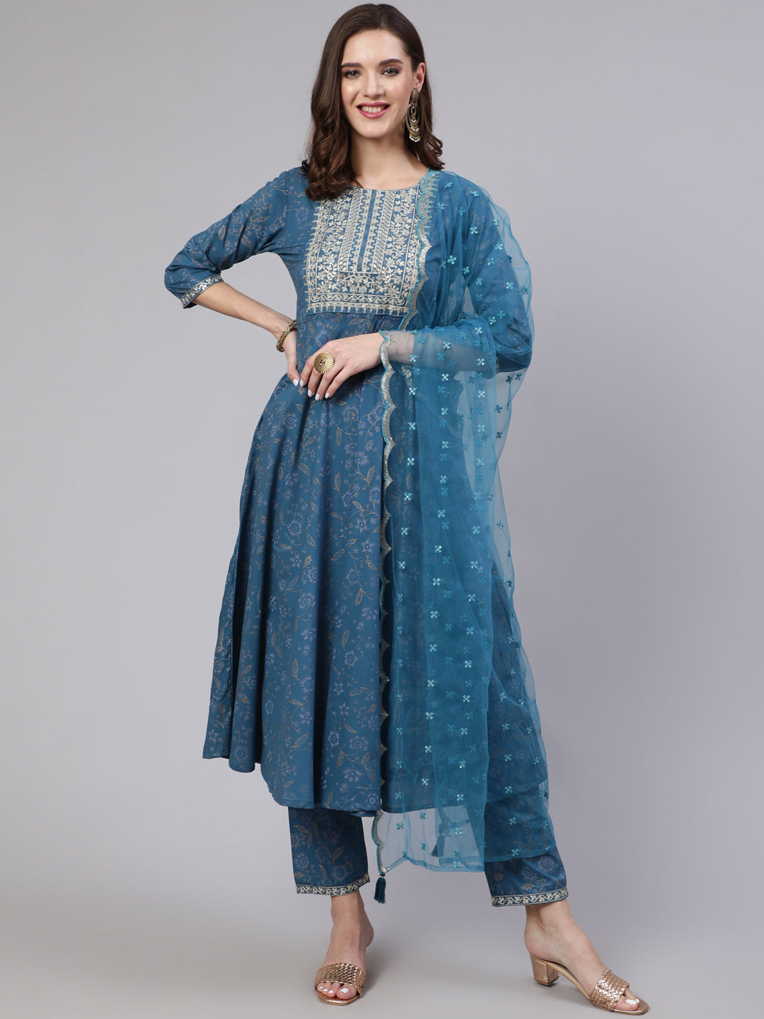 Blue  Pure Cotton Embroidered Kurta Sets