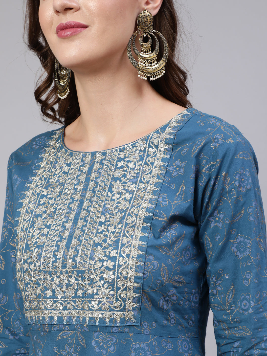 Blue  Pure Cotton Embroidered Kurta Sets