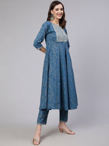 Blue  Pure Cotton Embroidered Kurta Sets