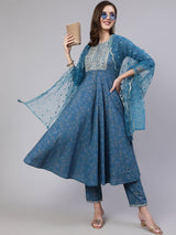 Blue  Pure Cotton Embroidered Kurta Sets